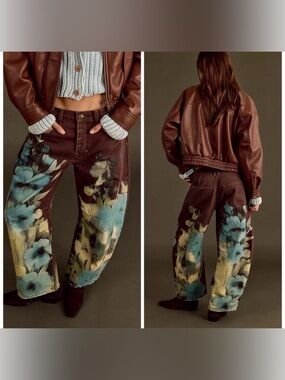 Free People We The Free Good Luck Printed Barrel Jeans Washed Floral Brown Sz 32
